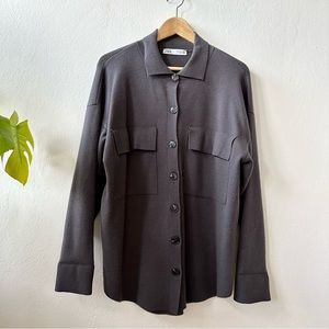 ZARA Thick Knit Long Sleeve Button Down Shirt with Chest Flap Patch Pockets